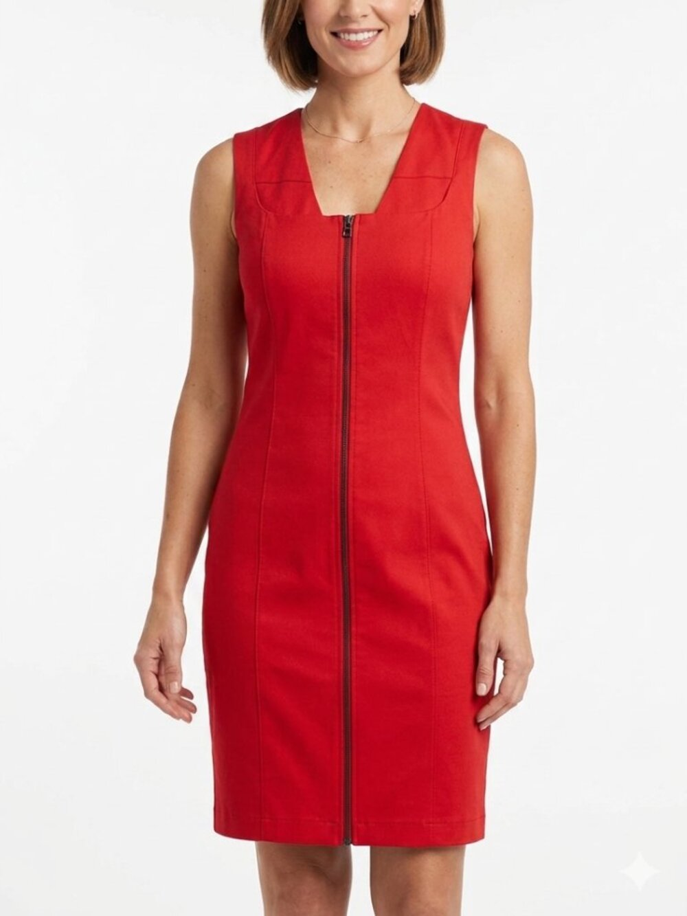 SARAH PACINI RED SQUARE NECK FRONT ZIP BODYCON DRESS - XS